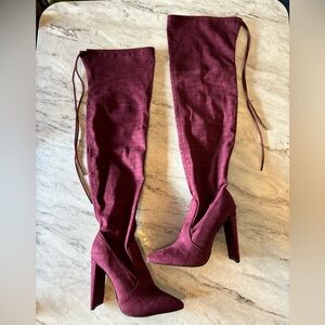 FINAL! MAROON FAUX VEGAN SUEDE OVER THE KNEE DRAWSTRING BOOTS